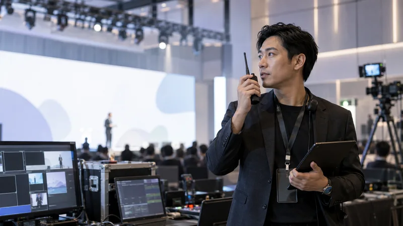 A marketing strategist running a live product launch event, soft even indoor light