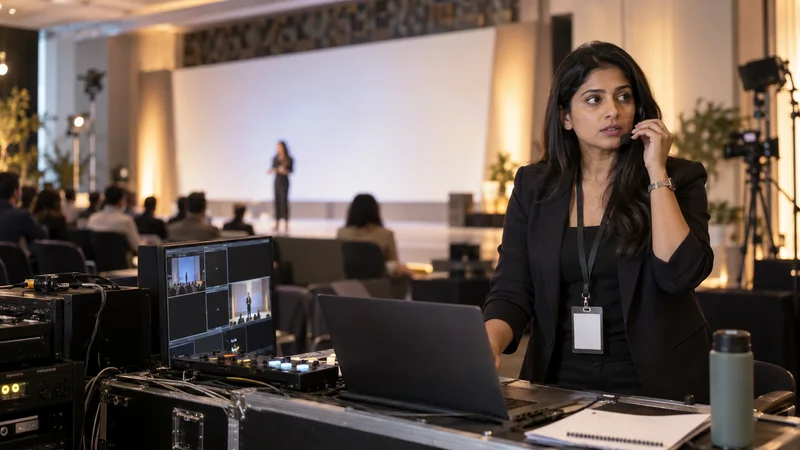 A marketing strategist running a live product launch event, warm interior light