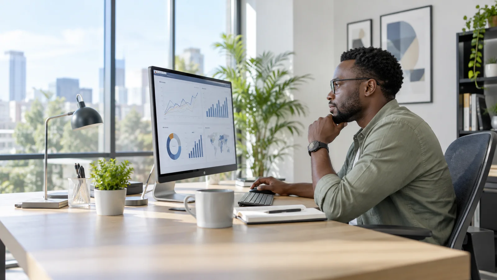 A marketing strategist reviewing social media analytics together on a monitor, bright daylight through the windows