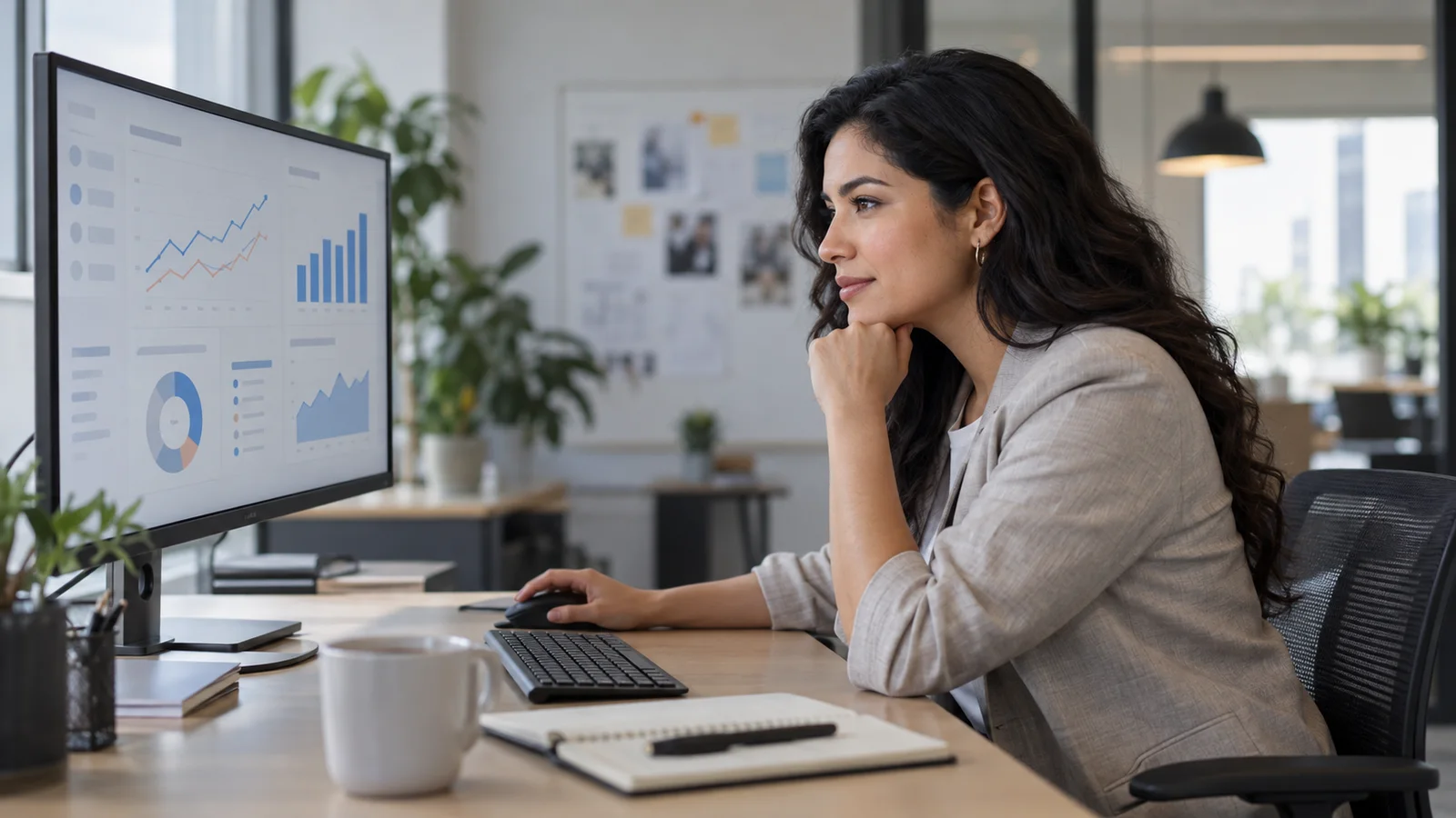 A marketing strategist reviewing social media analytics together on a monitor, soft even indoor light