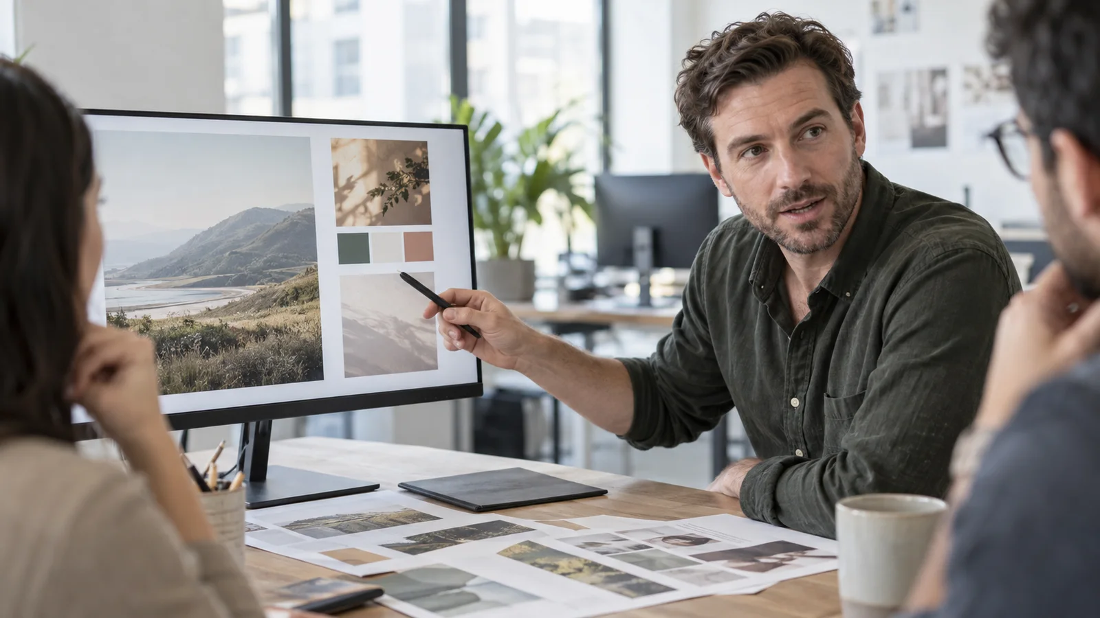 A marketing strategist presenting an ad mockup to the team, bright daylight through the windows, a tight close-up on the work in front of them