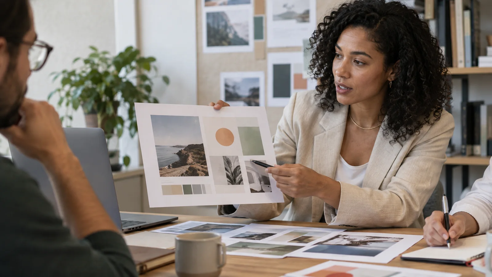 A marketing strategist presenting an ad mockup to the team, soft even indoor light, a tight close-up on the work in front of them
