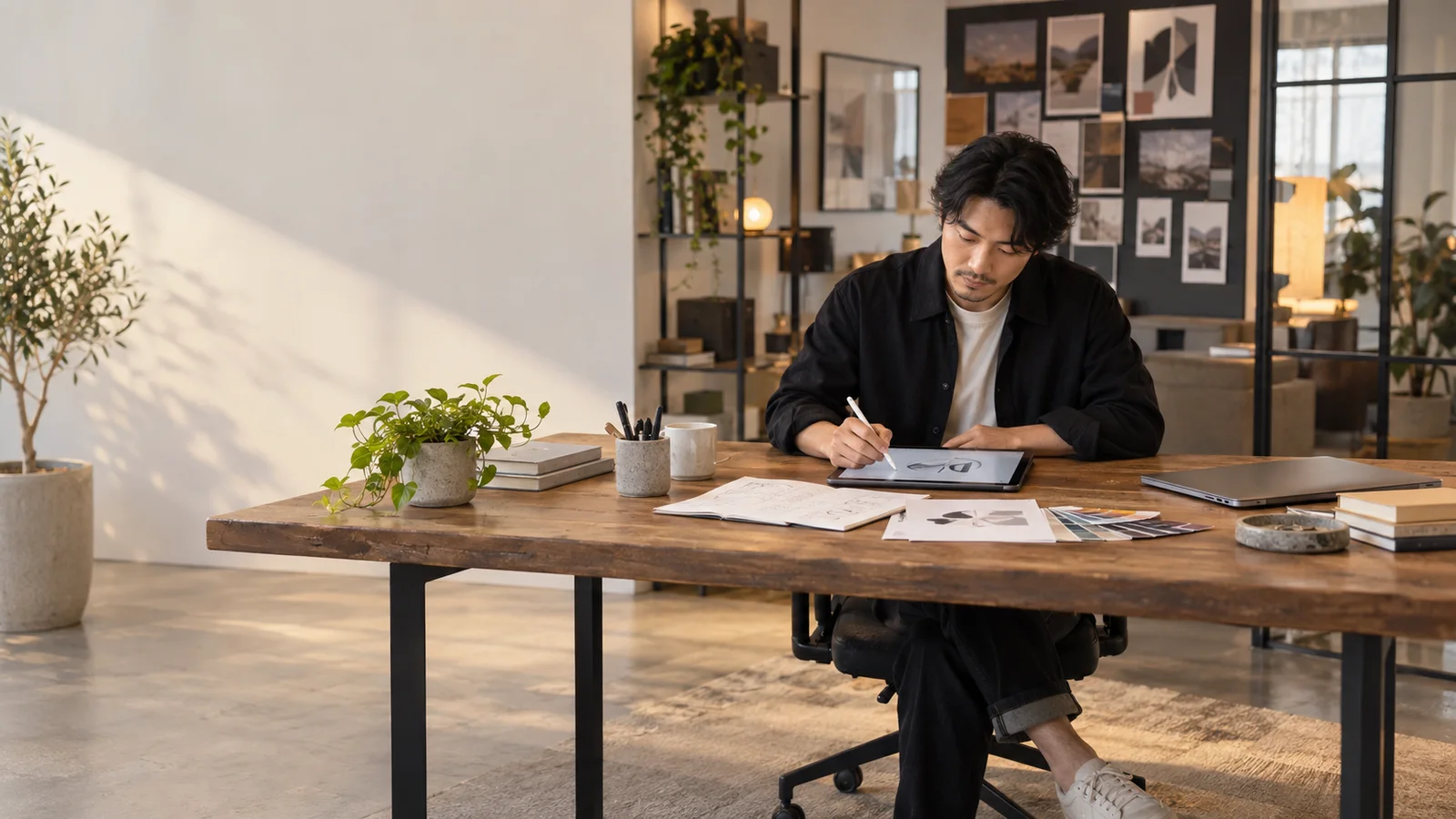 A marketing strategist sketching a logo concept on a tablet, warm interior light, a wide shot taking in the whole workspace around them