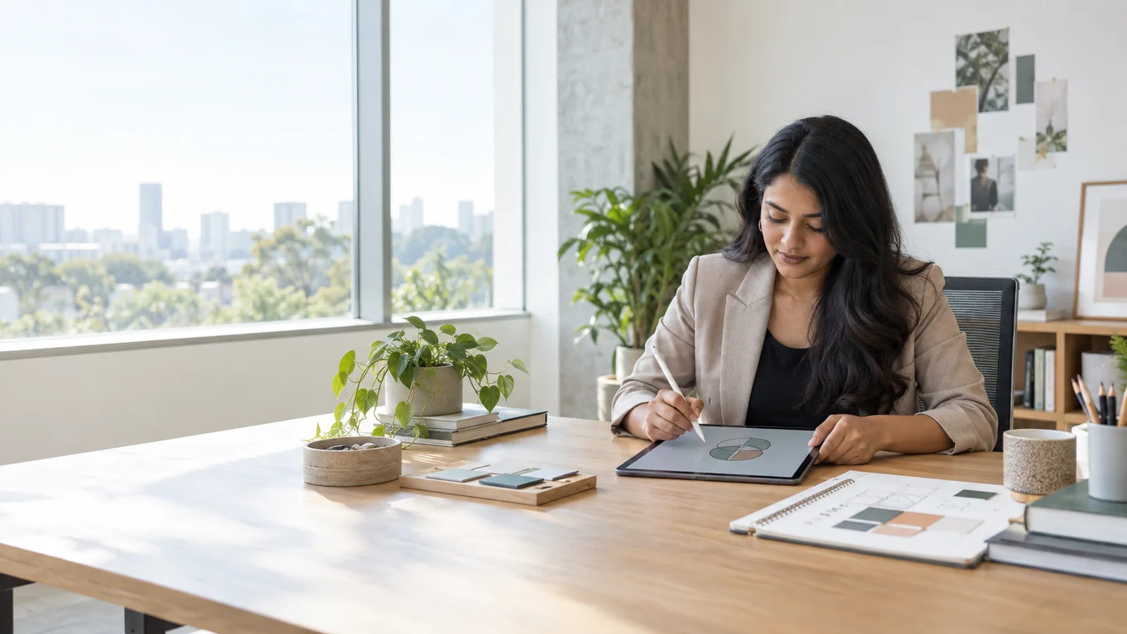 A marketing strategist sketching a logo concept on a tablet, bright daylight through the windows, a wide shot taking in the whole workspace around them