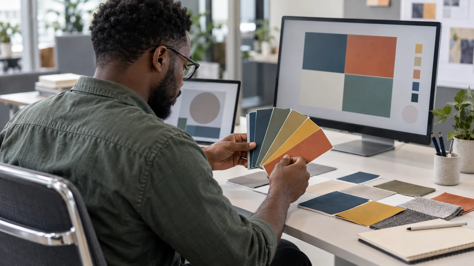 A marketing strategist reviewing brand colours and swatches, soft even indoor light, a candid over-the-shoulder angle