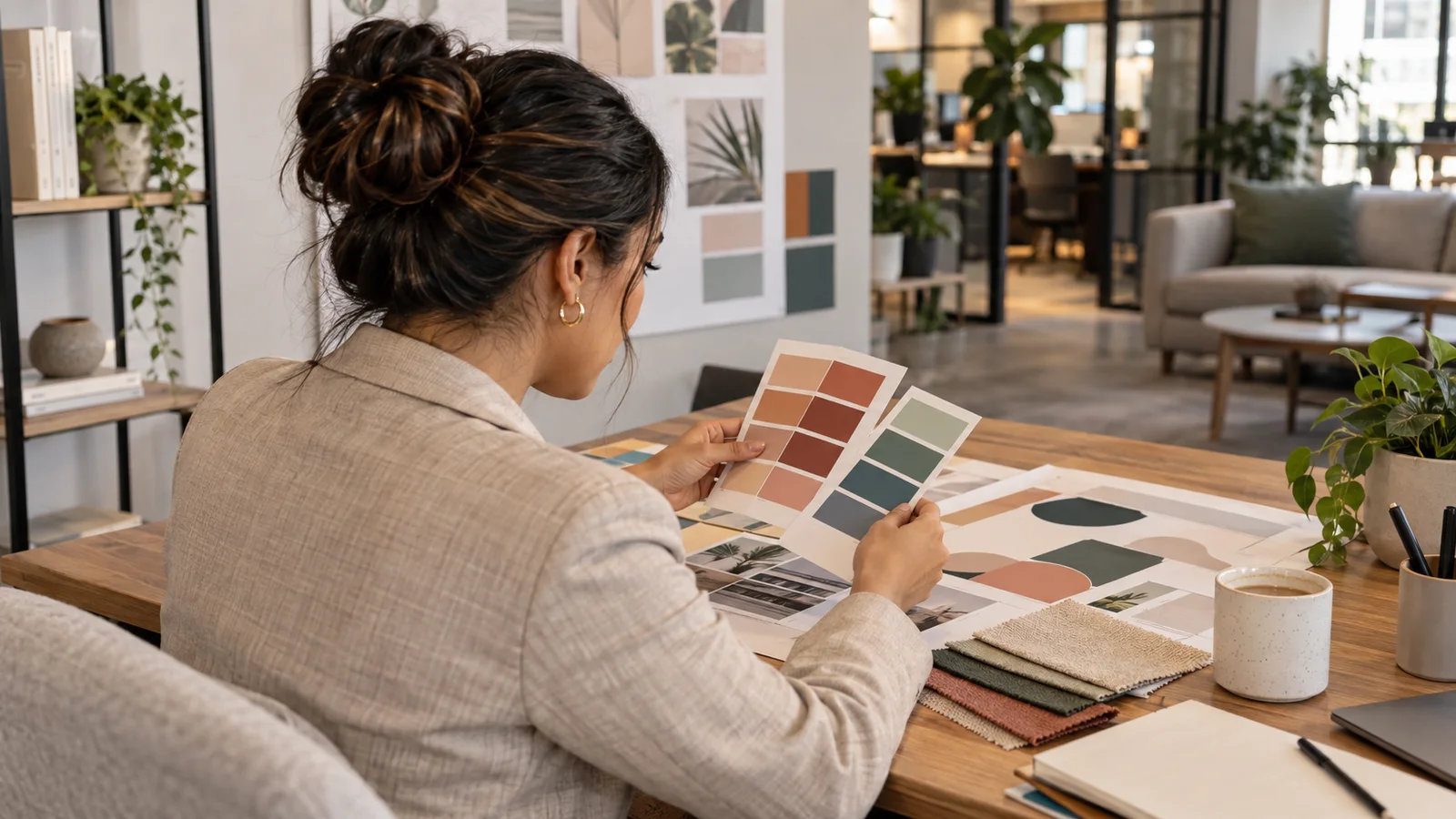 A marketing strategist reviewing brand colours and swatches, warm interior light, a candid over-the-shoulder angle