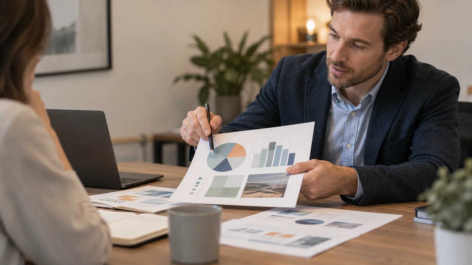 A marketing strategist presenting a campaign strategy deck to a client, warm interior light, a tight close-up on the work in front of them