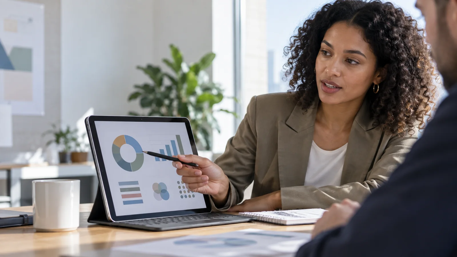 A marketing strategist presenting a campaign strategy deck to a client, bright daylight through the windows, a tight close-up on the work in front of them