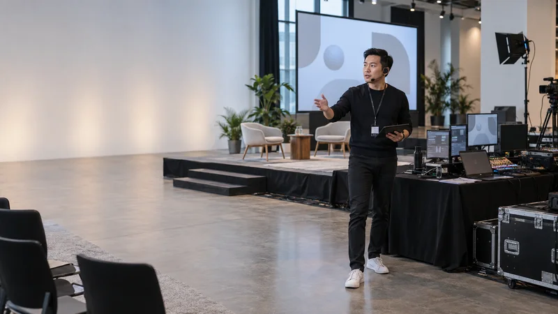 A marketing strategist running a live product launch event, soft even indoor light, a wide shot taking in the whole workspace around them
