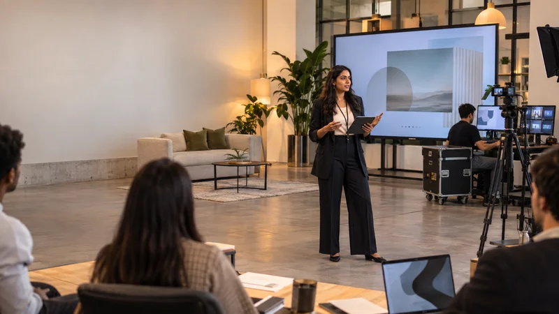 A marketing strategist running a live product launch event, warm interior light, a wide shot taking in the whole workspace around them