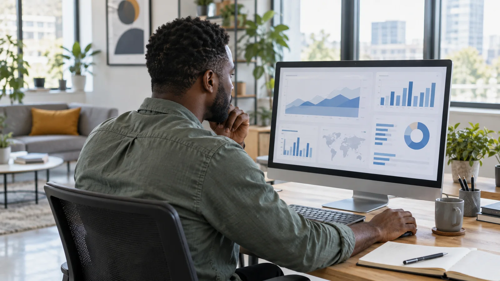 A marketing strategist reviewing social media analytics together on a monitor, bright daylight through the windows, a candid over-the-shoulder angle