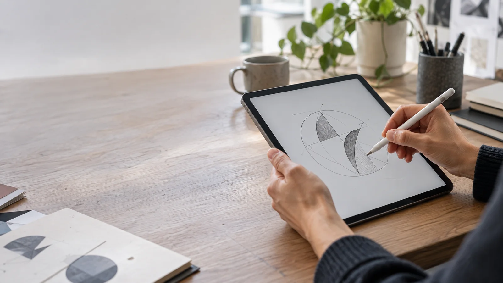 Close-up of hands sketching a logo concept on a tablet, soft even indoor light, only naturally framed hands, no faces