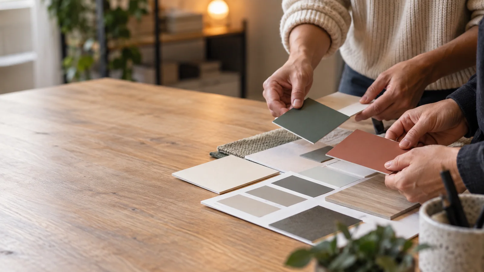 Close-up of hands reviewing brand colours and swatches, warm interior light, only naturally framed hands, no faces