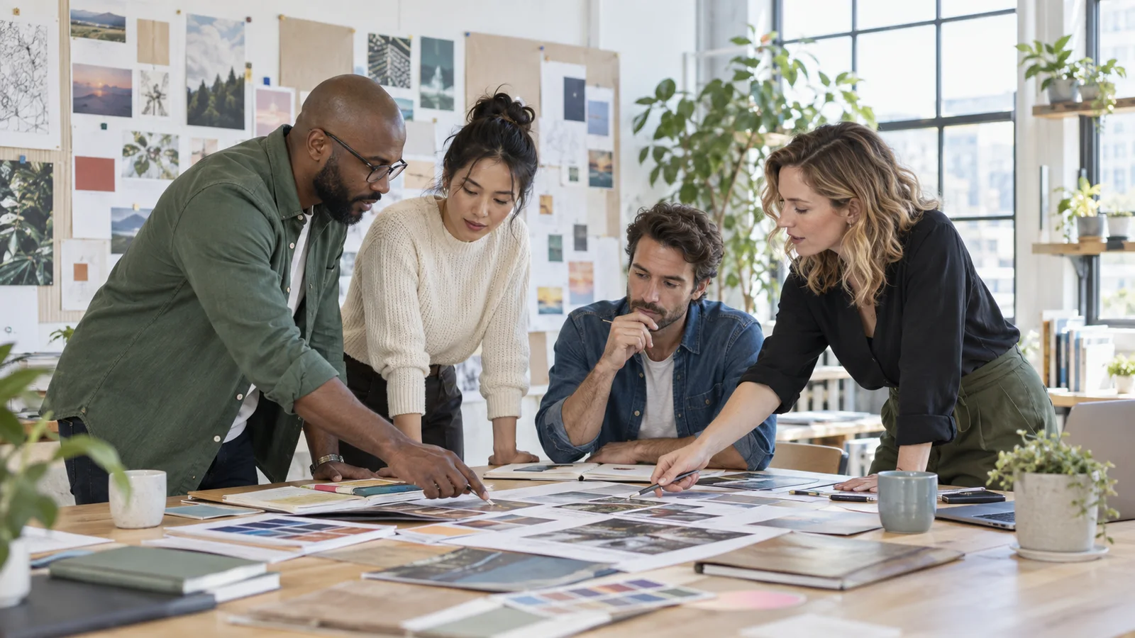 A few marketing strategists working together, creative studio with mood boards and campaign visuals in the background, bright daylight through the windows