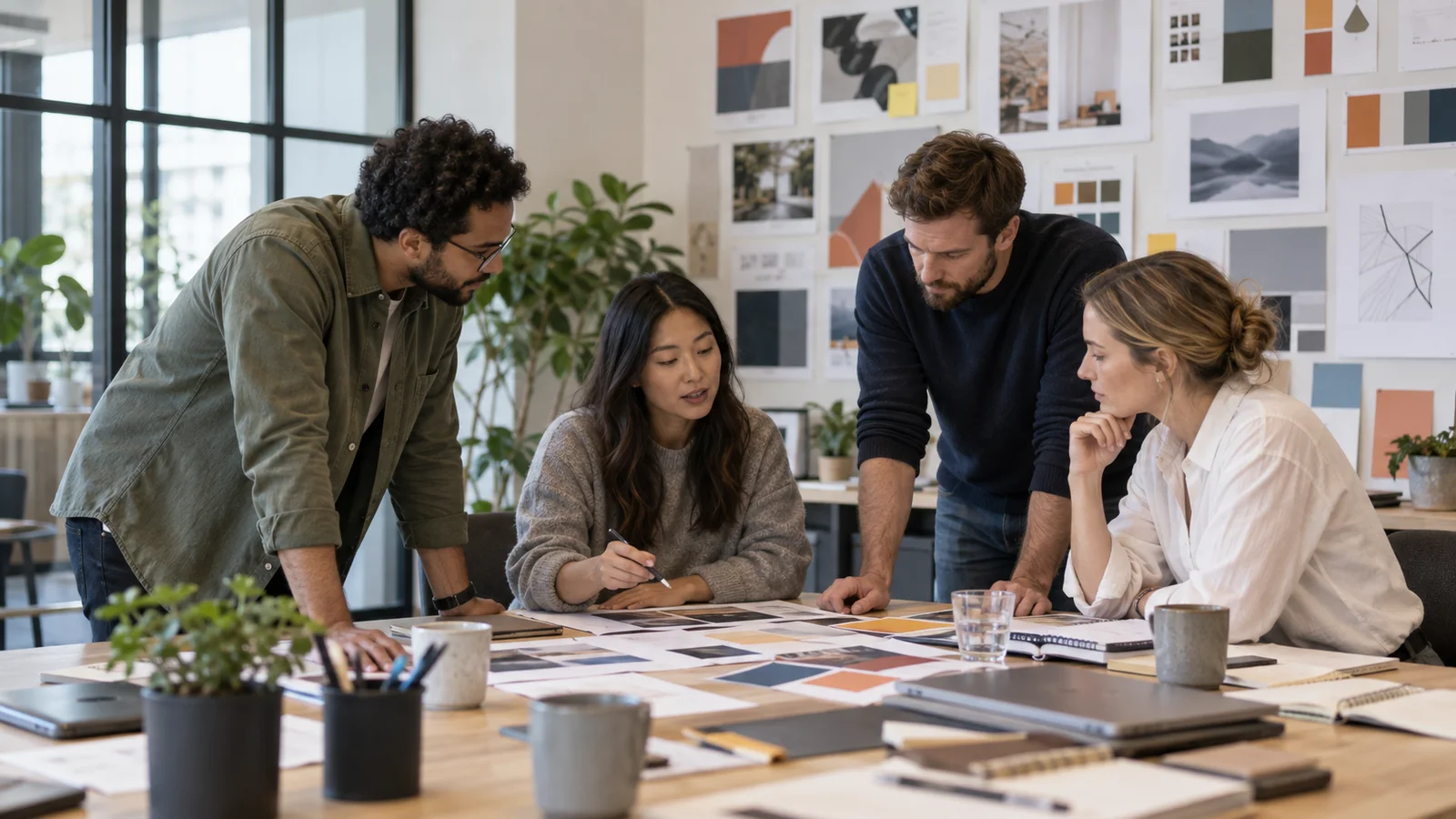 A few marketing strategists working together, brainstorm room with a wall of campaign mockups in the background, soft even indoor light