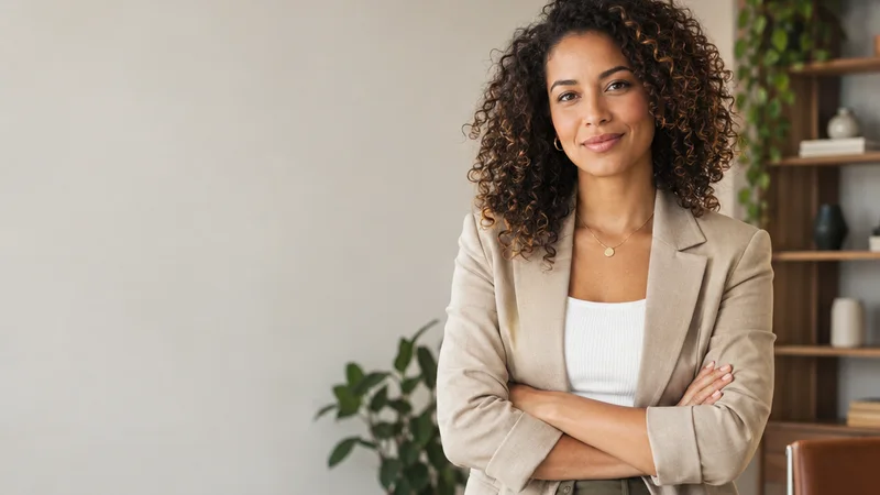 Mid-length portrait of a marketing strategist, marketing agency, warm interior light, plain working backdrop with copy space
