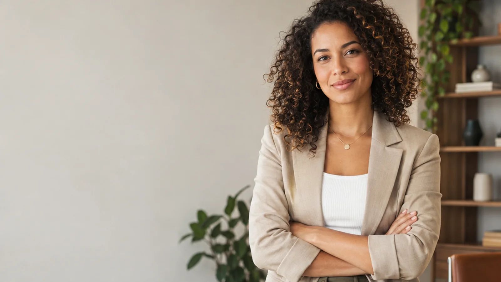 Mid-length portrait of a marketing strategist, marketing agency, warm interior light, plain working backdrop with copy space