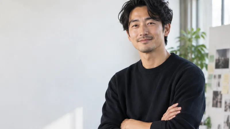 Mid-length portrait of a creative director, marketing agency, bright daylight through the windows, plain working backdrop with copy space