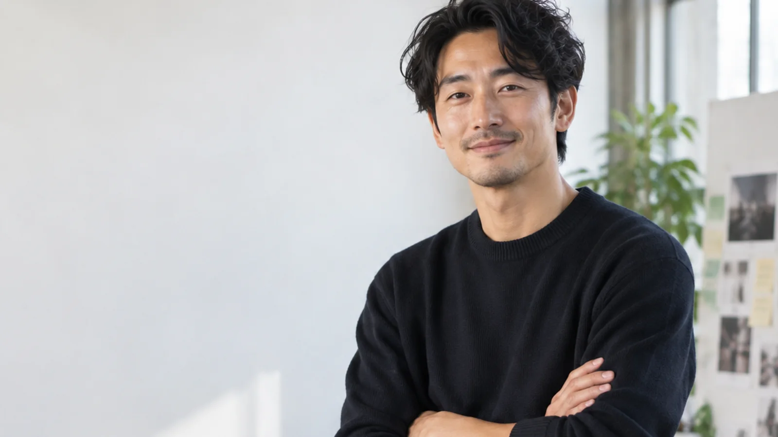 Mid-length portrait of a creative director, marketing agency, bright daylight through the windows, plain working backdrop with copy space