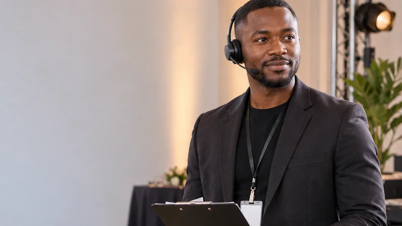 Mid-length portrait of a event coordinator with a headset and clipboard, marketing agency, warm interior light, plain working backdrop with copy space