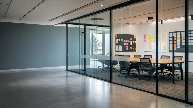 Wide interior view of a glass-walled agile planning room with no people, soft even indoor light, clean uncluttered foreground for text