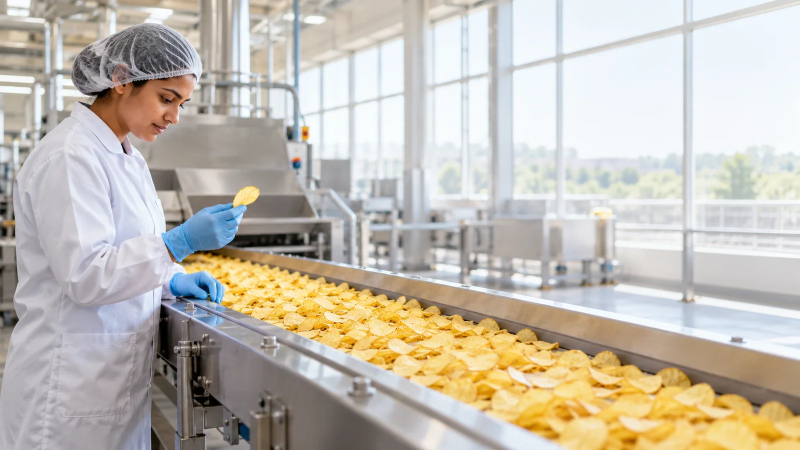 A line worker checking potato chips on a long stainless conveyor, bright daylight through the windows, the people kept to the left third with the right side open and uncluttered for overlaid text
