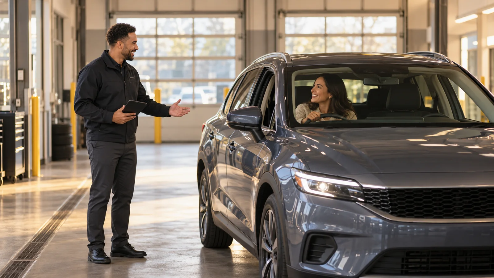 A service advisor greeting a customer in a dealership service drive lane as an unbadged car pulls in, warm interior light