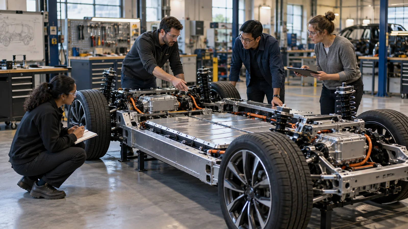 A team of engineers gathered around a bare electric-vehicle chassis with its battery pack and drive units exposed, warm interior light