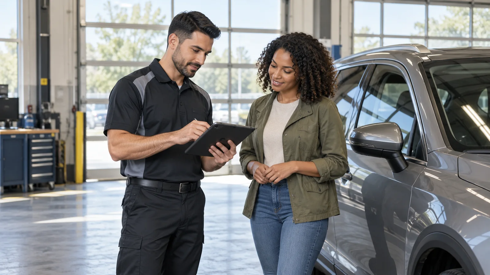 A service advisor writing up a repair order on a tablet beside a customer's car in the service drive, bright daylight through the windows