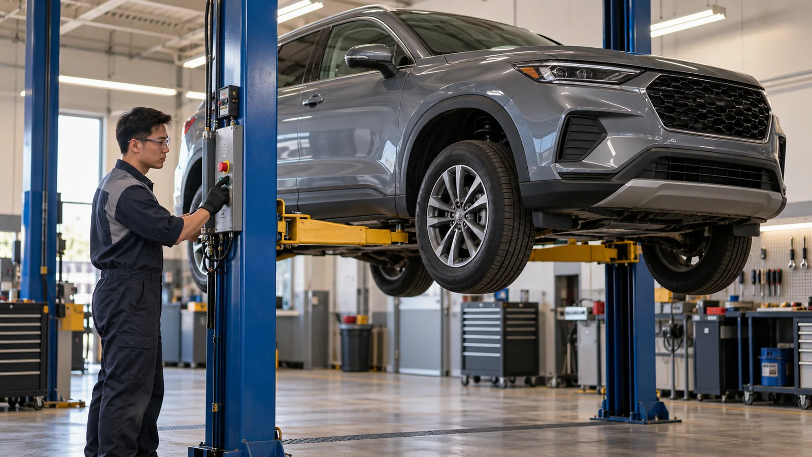 A dealership technician raising an unbadged SUV on a vehicle lift in a clean service bay, warm interior light