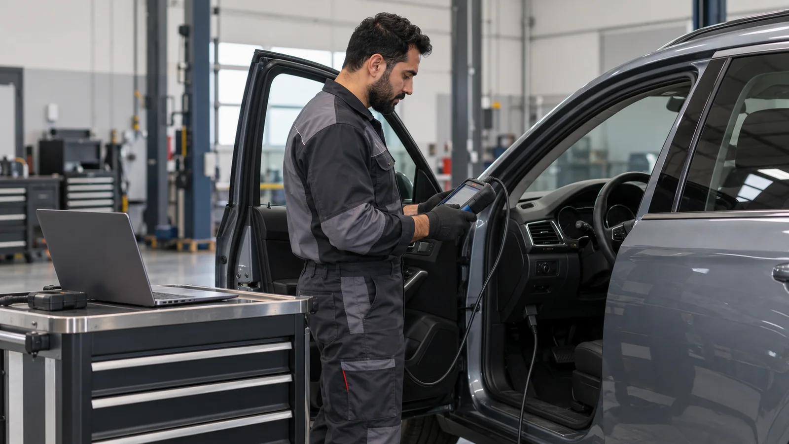 A dealership technician running a diagnostic scan tool plugged into a car, a laptop on a rolling cart beside the open door, soft even indoor light