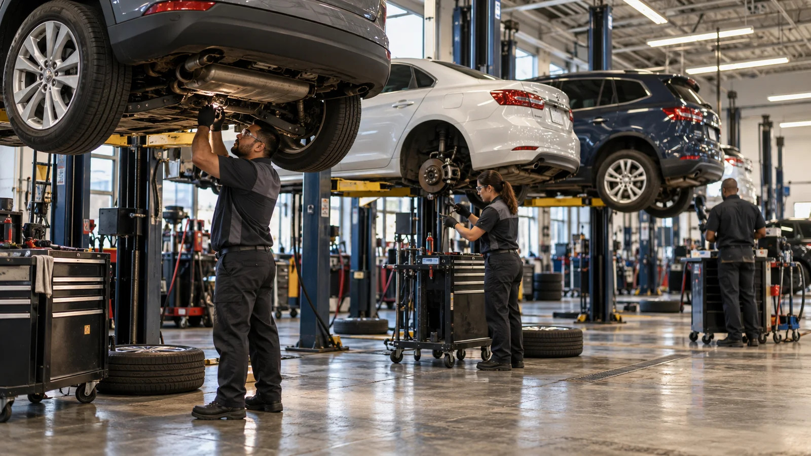 A few technicians at work along a row of dealership service bays with cars raised on lifts, warm interior light