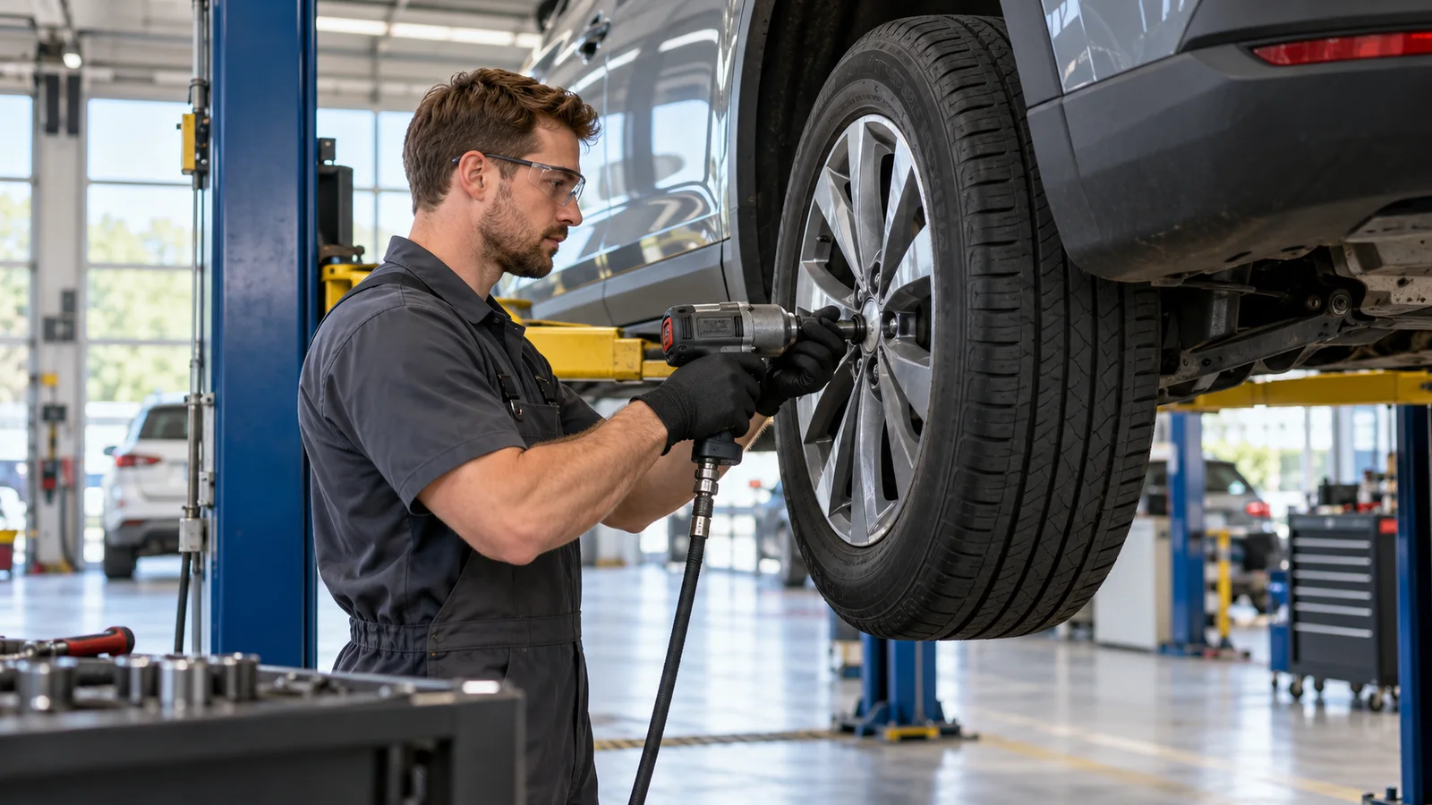 A dealership technician rotating tires on a raised car with an impact wrench, bright daylight through the windows