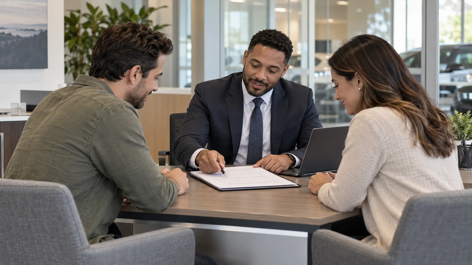 A finance manager reviewing a purchase agreement with a couple across a desk in a dealership finance office, soft even indoor light