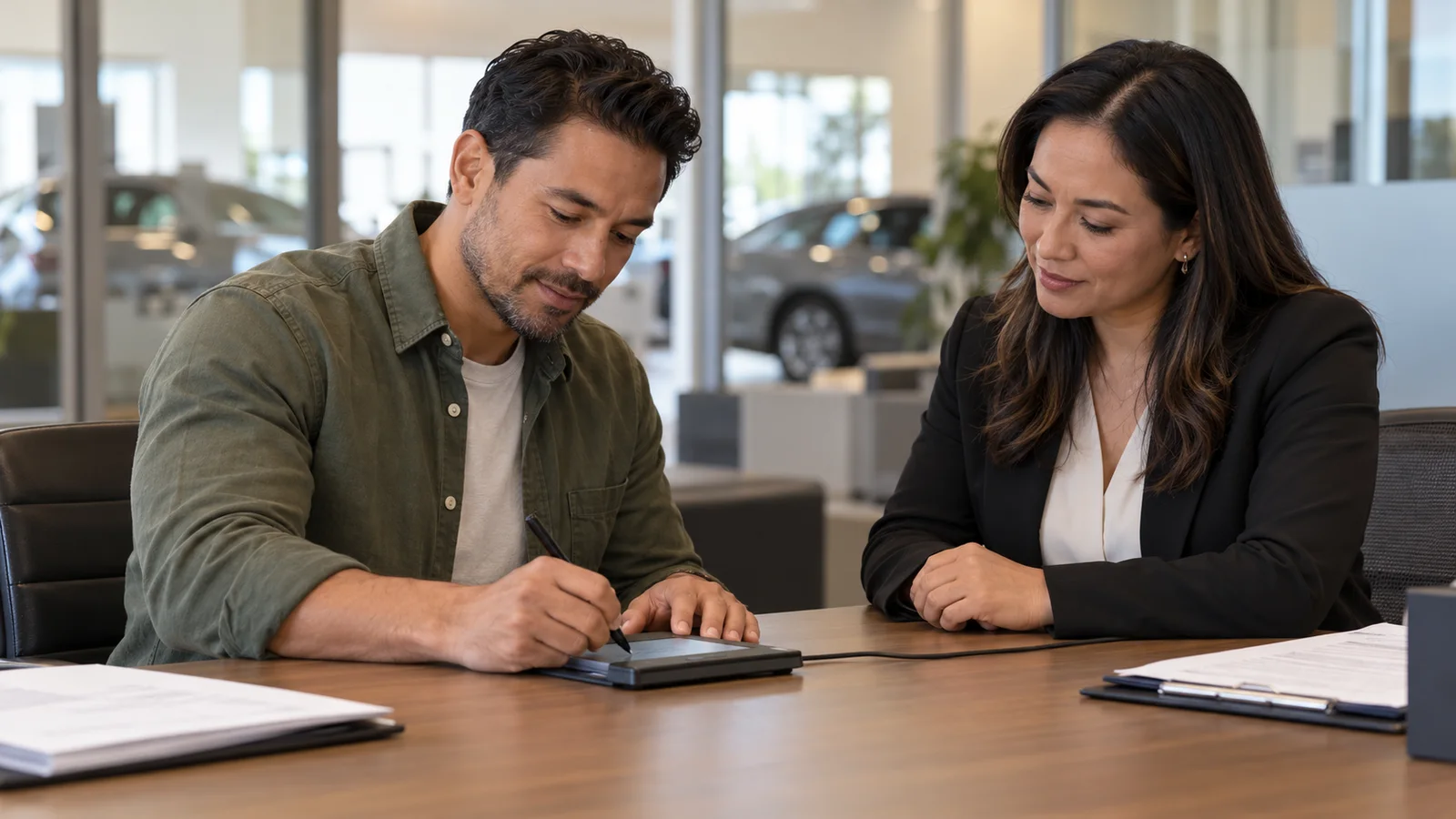 A customer signing on an electronic signature pad while a finance manager looks on in a dealership finance office, warm interior light