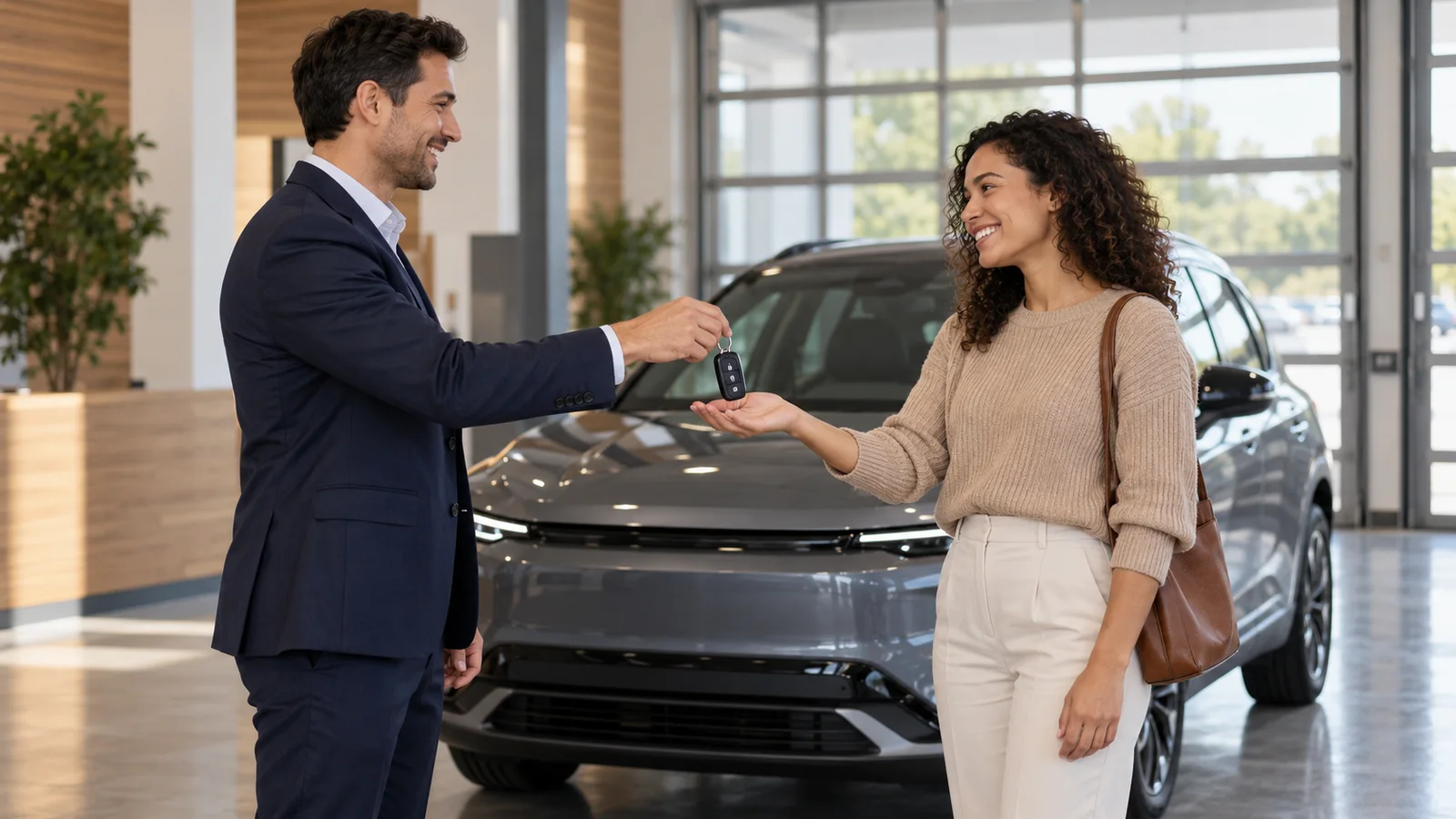 A salesperson handing the keys of an unbadged new car to a smiling new owner in a dealership delivery bay, soft even indoor light