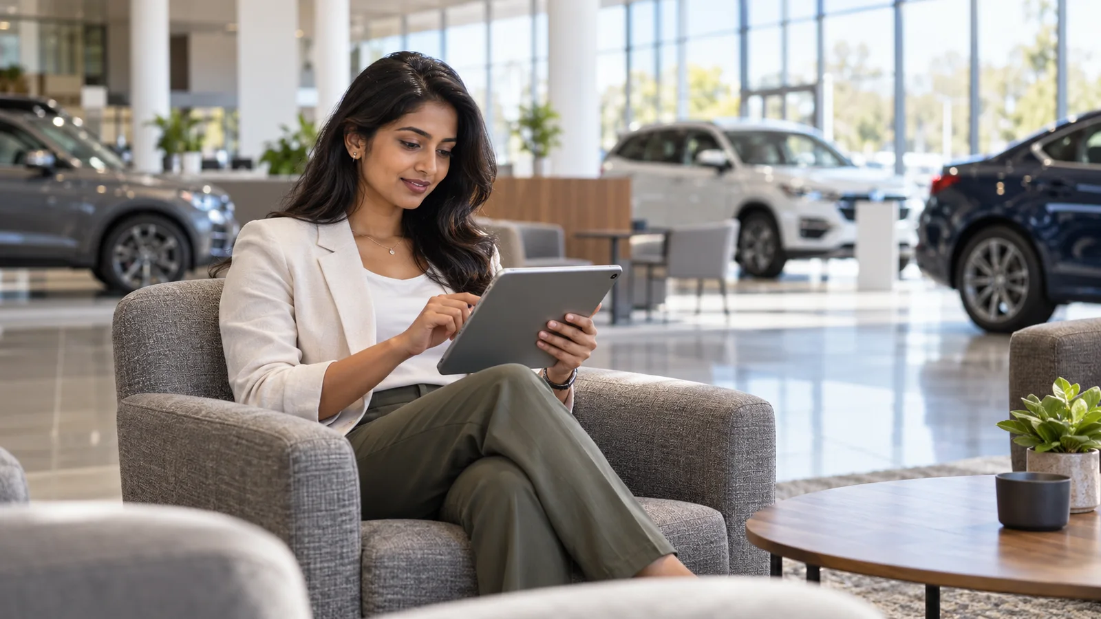 A customer browsing car inventory on a tablet in a dealership showroom lounge, bright daylight through the windows