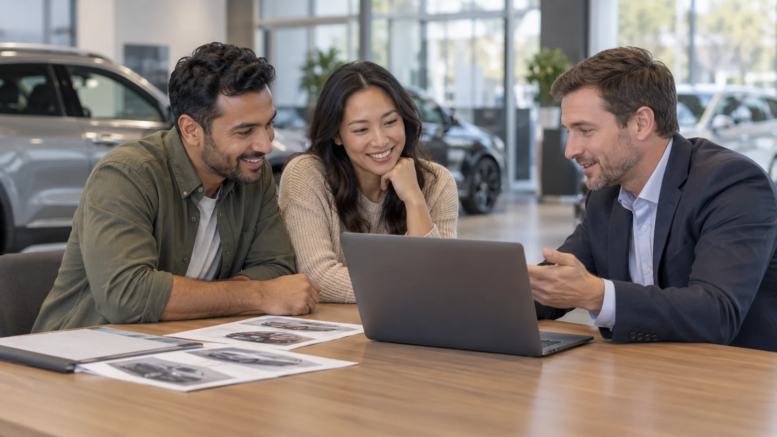 A couple comparing cars on a laptop with a salesperson at a dealership sales desk, soft even indoor light