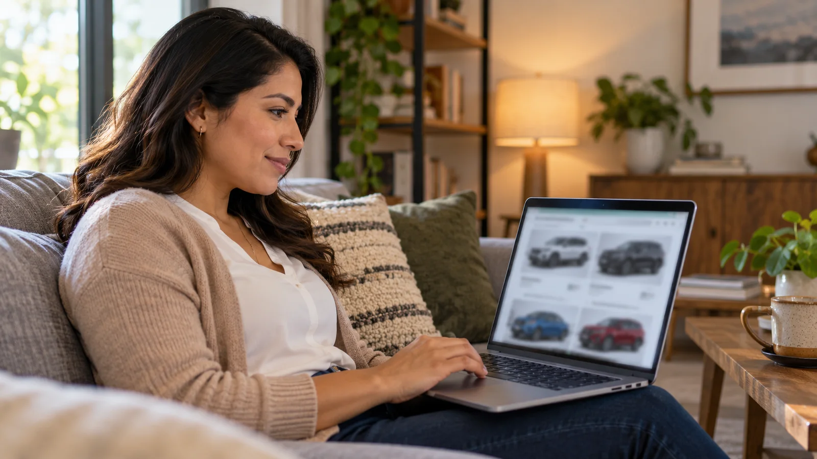 A customer browsing car listings on a laptop on the sofa at home, an abstract vehicle gallery on the screen, warm interior light