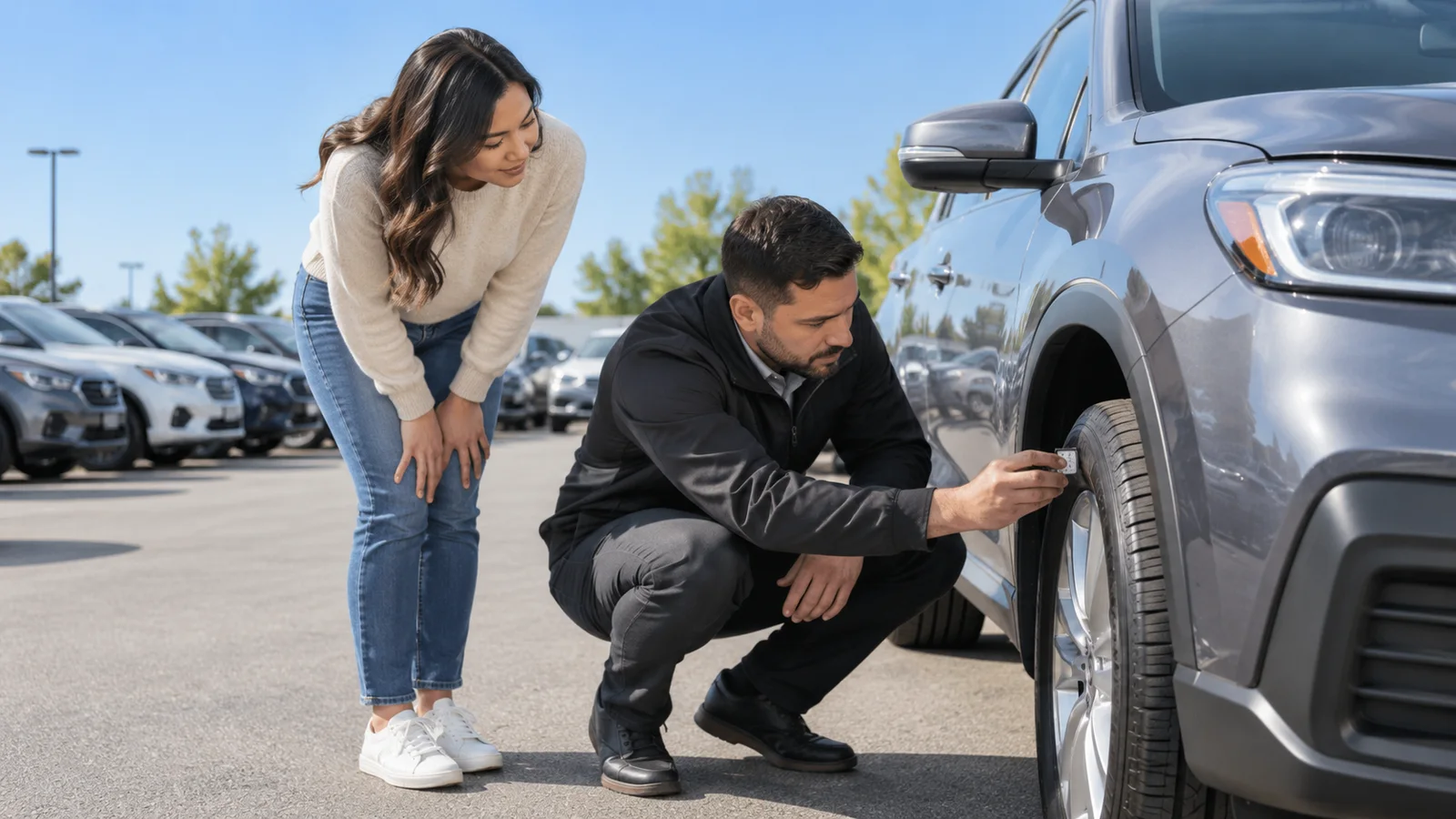 A trade-in appraiser and a customer checking the tire tread of a used car on a dealership lot, a clear blue sky