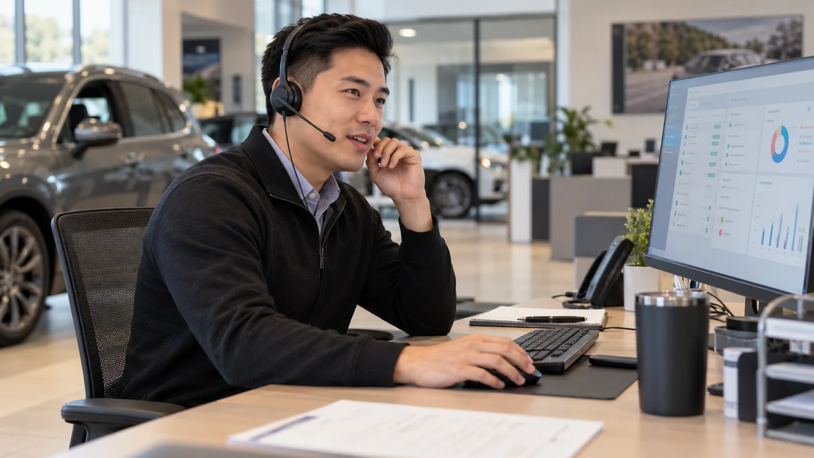 A dealership business-development agent with a headset answering customer inquiries at a desk, an abstract CRM screen in front of them, soft even indoor light