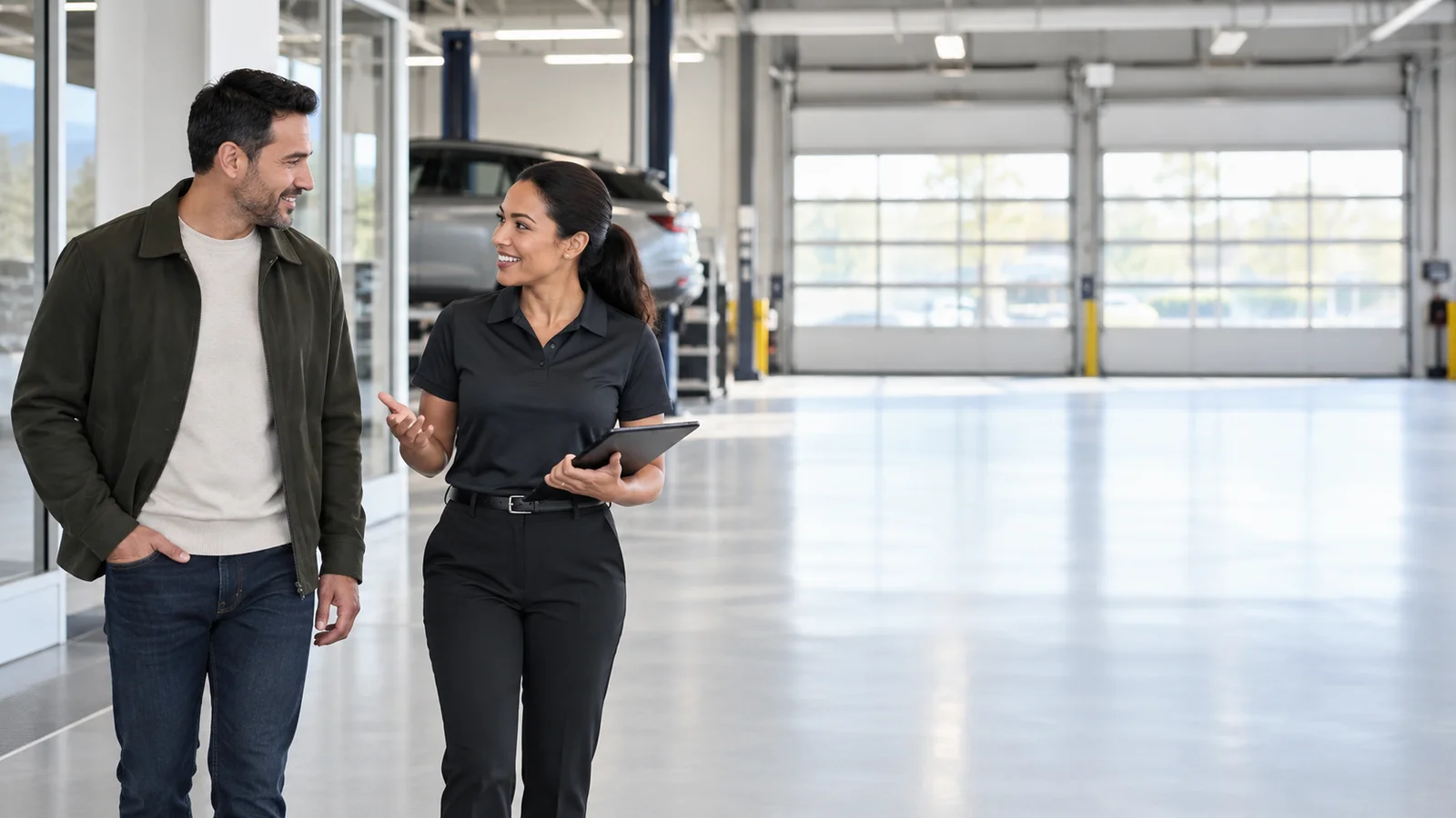 A service advisor greeting a customer in a clean, bright dealership service drive, soft even indoor light, the people kept to the left third with the right side open and uncluttered for overlaid text