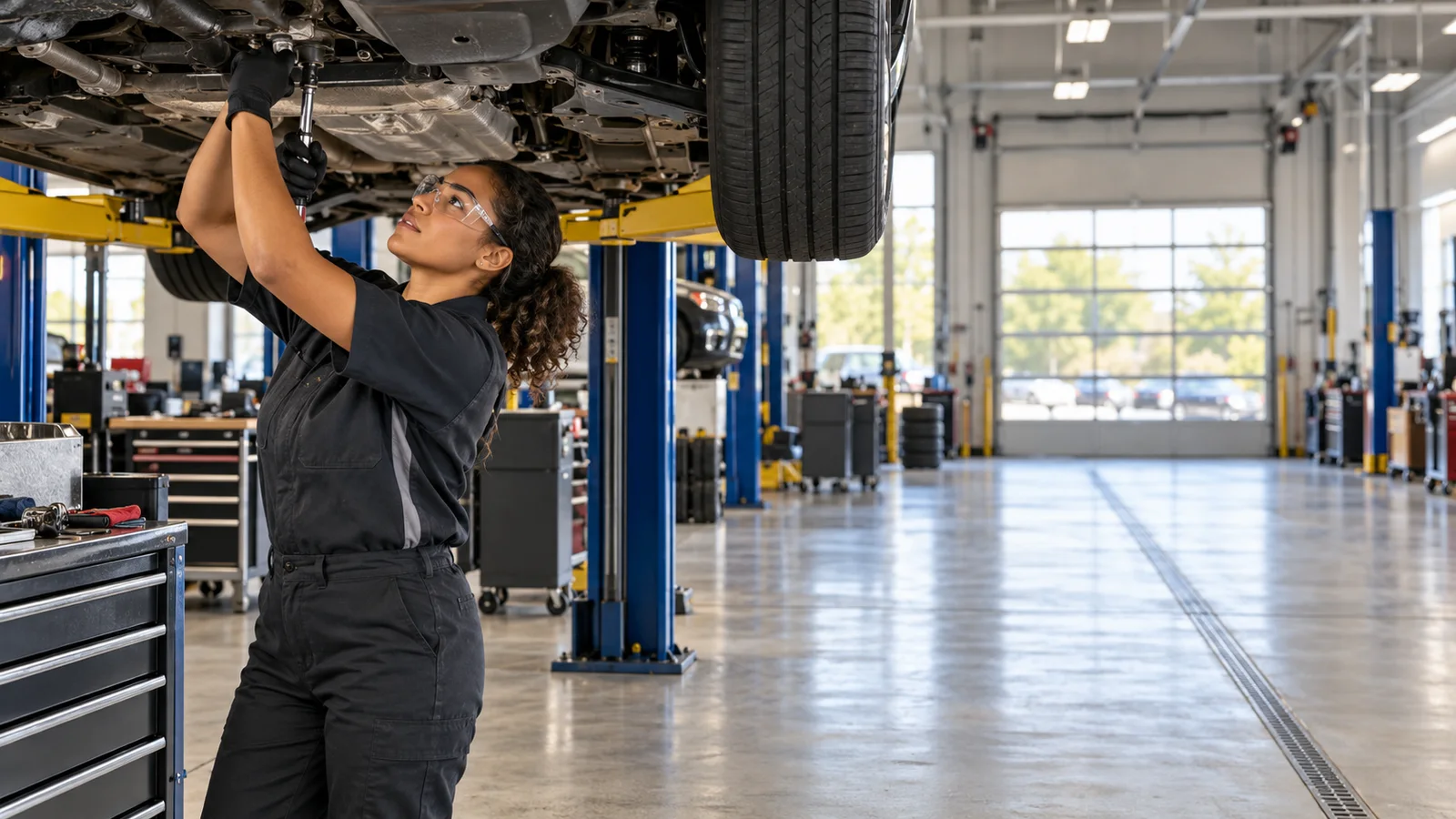 A dealership technician working under a car raised on a lift in a long, clean service bay, warm interior light, the people kept to the left third with the right side open and uncluttered for overlaid text