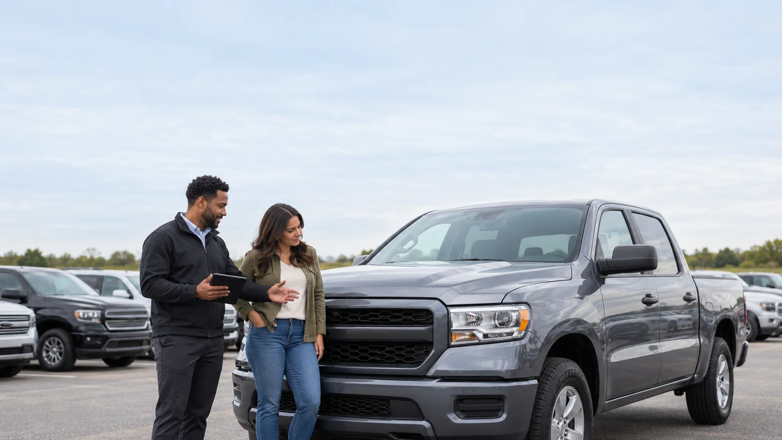 A salesperson and a customer looking over an unbadged used pickup truck on a pre-owned lot, soft daylight, the people in the lower third with open, uncluttered space above for overlaid text