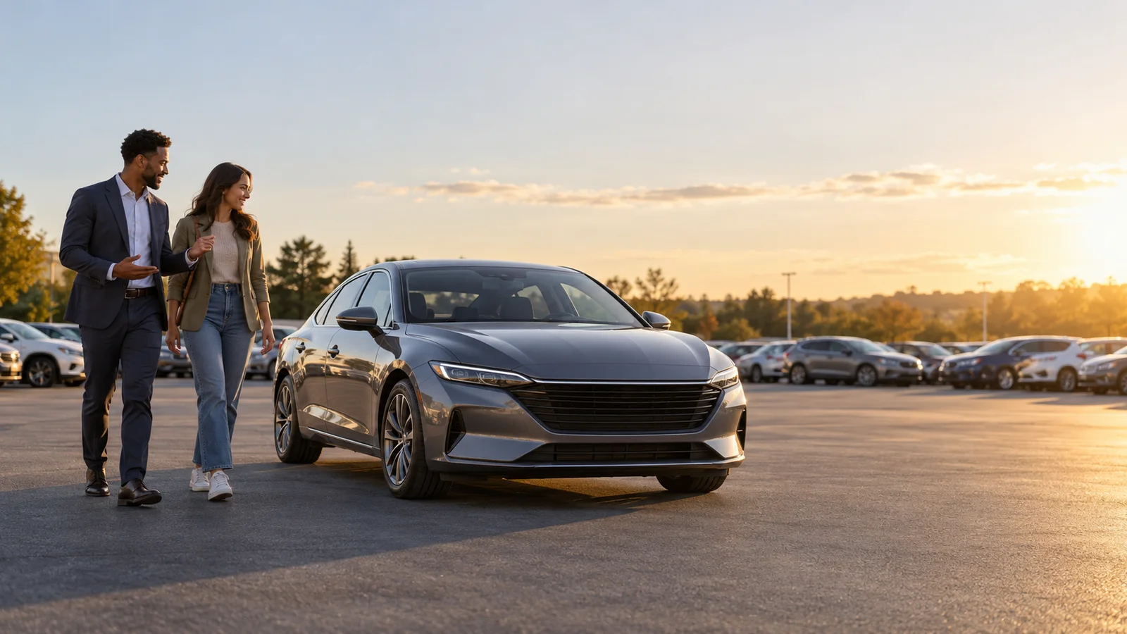 A customer and a salesperson walking toward an unbadged sedan for a test drive across an open dealership lot, golden-hour light, the people kept to the left third with the right side open and uncluttered for overlaid text