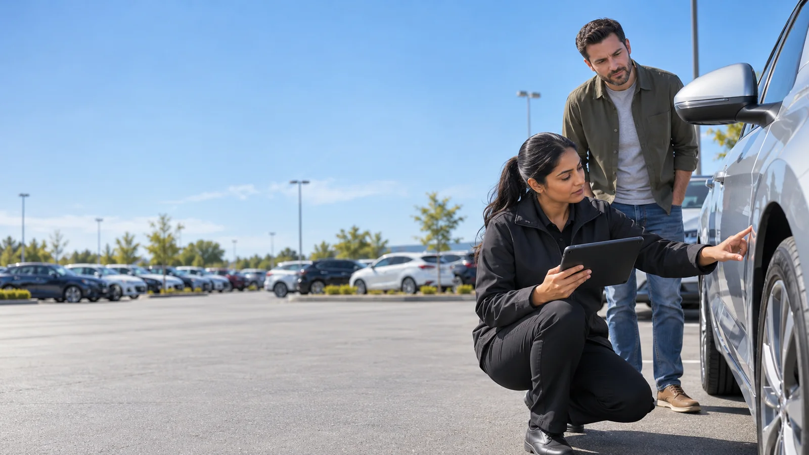 A trade-in appraiser with a tablet inspecting a customer's car on a dealership lot, a clear blue sky, the people kept to the right third with the left side open and uncluttered for overlaid text