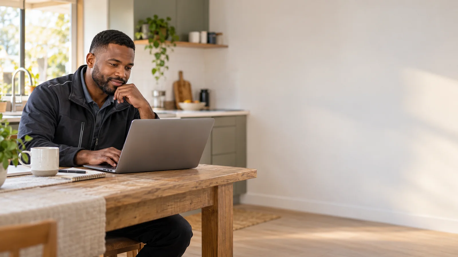 A customer browsing cars on a laptop at a kitchen table at home, warm interior light, the people kept to the left third with the right side open and uncluttered for overlaid text