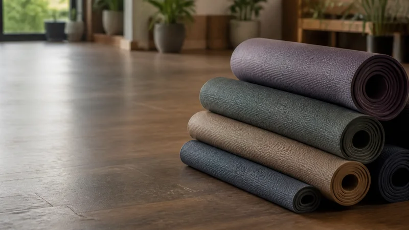 Close, clean detail of the row of yoga mats on the studio floor, warm interior light, no people in frame