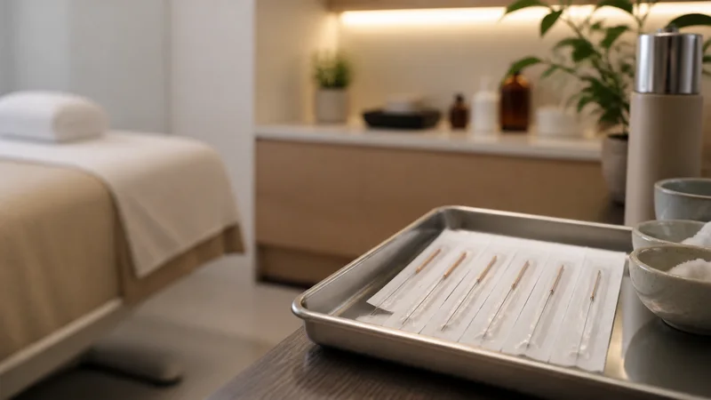 Close, clean detail of the acupuncture needle set on a tray, warm interior light, no people in frame