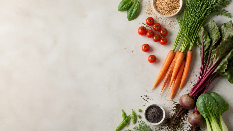 Styled flat-lay of fresh produce and seed on a clean background, clean even studio light, generous negative space for overlaid text